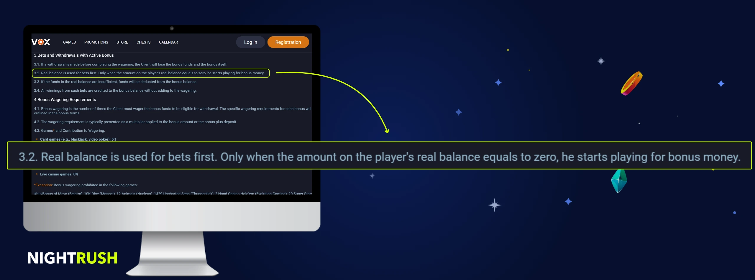 Monitors displaying the bonus terms page for Vox. A callout box highlights section 3.2.