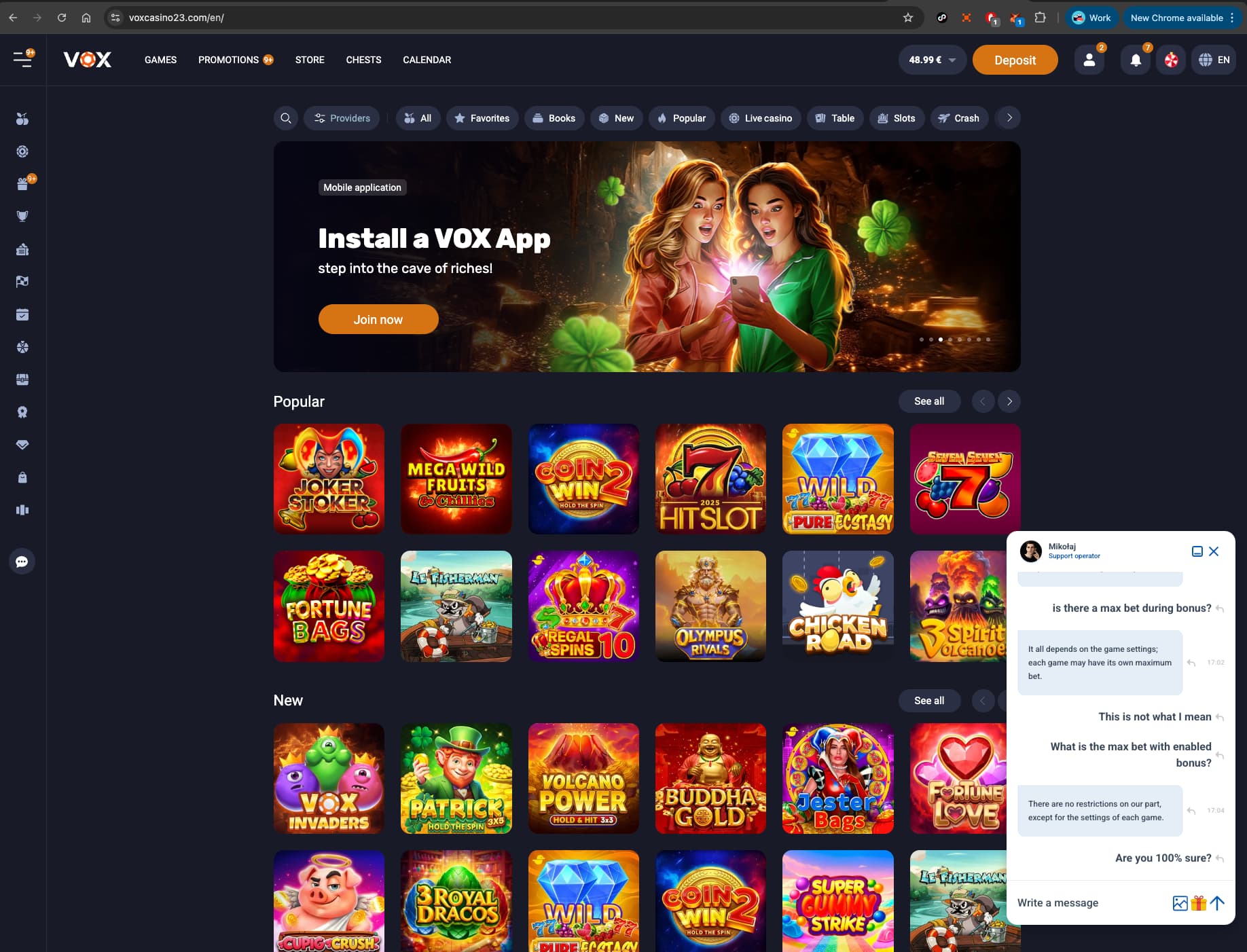 Vox Casino Bonus Live chat