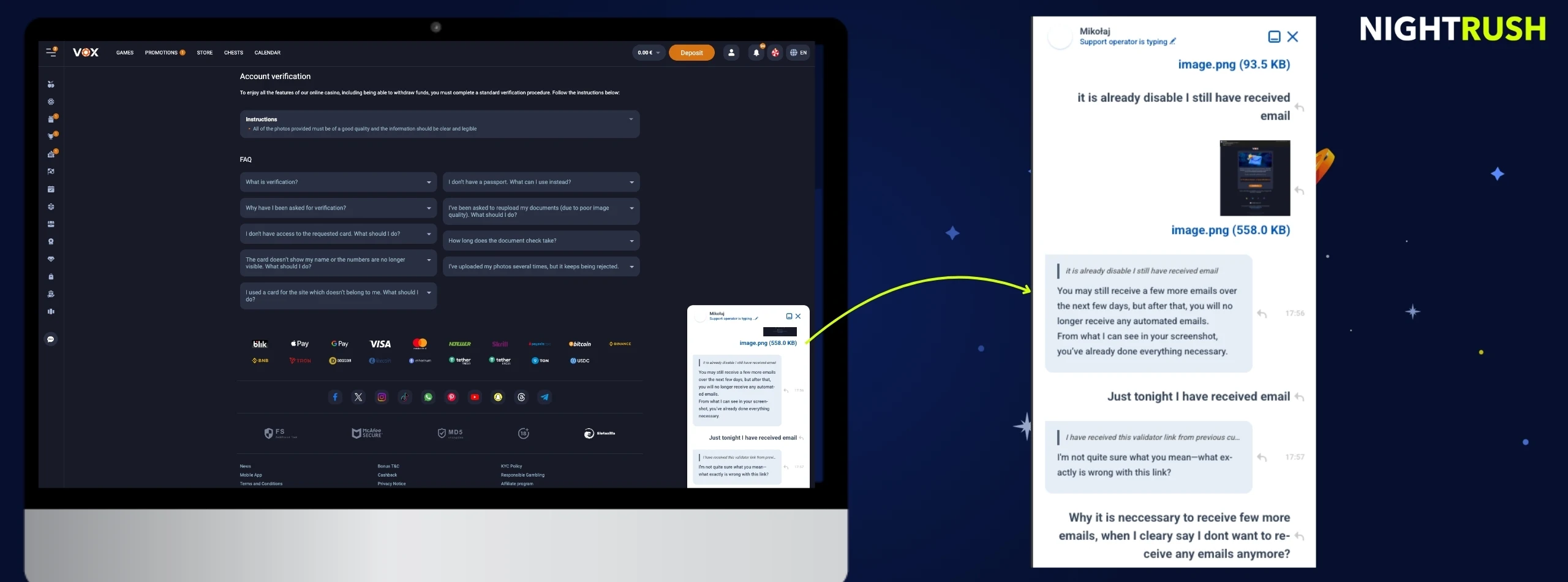 Image showcasing VOX casino live support dialogue.