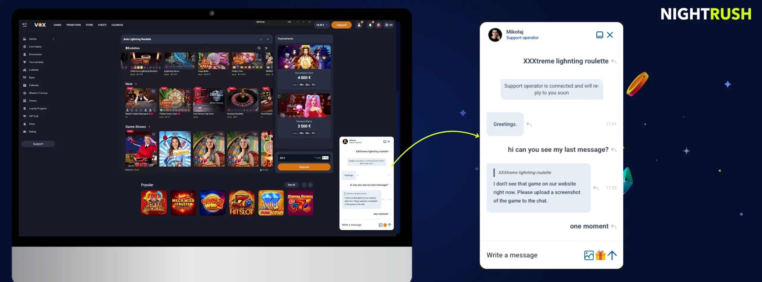 Image showcasing VOX casino live chat dialogue.