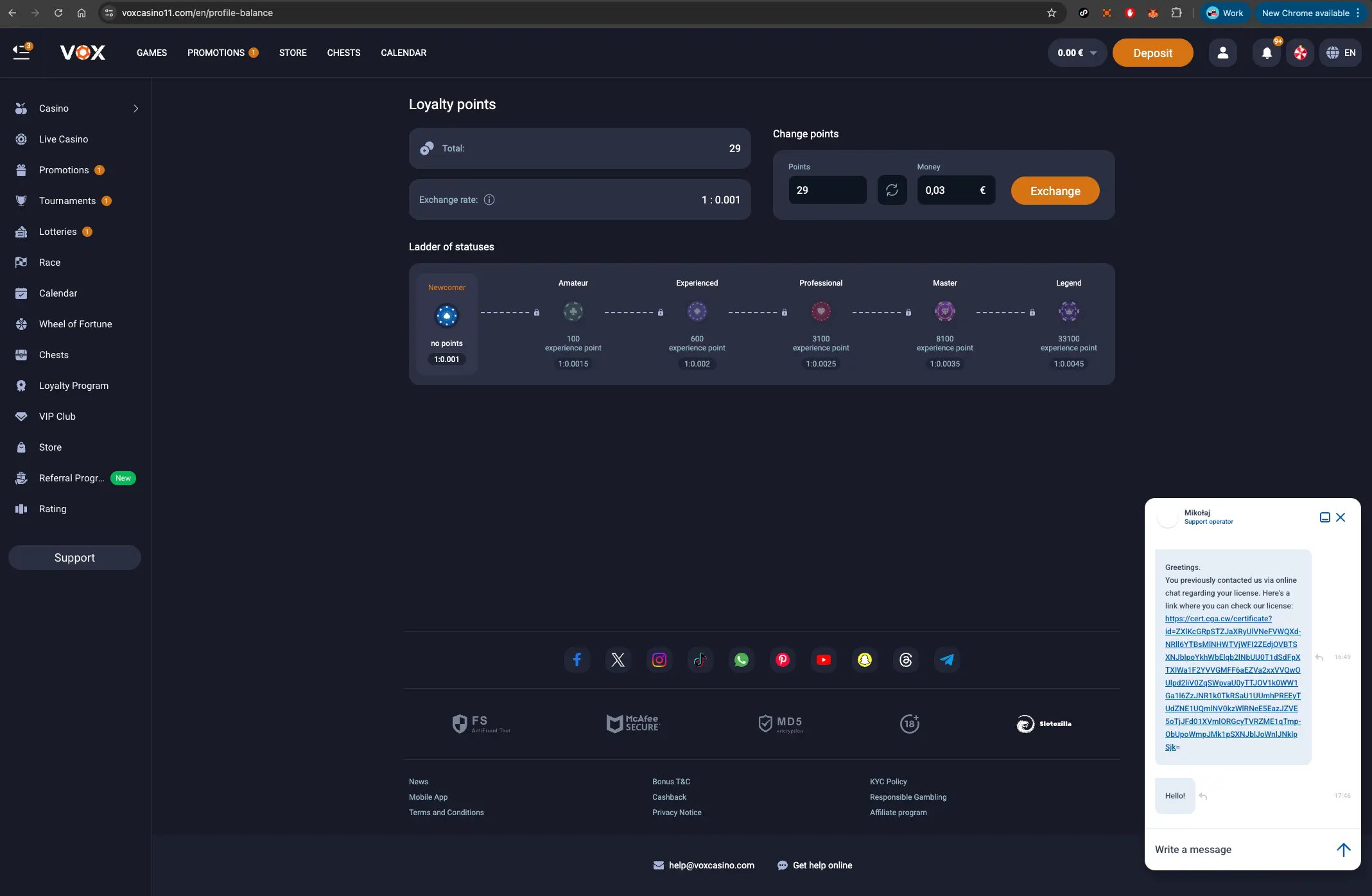 Vox Casino Loyalty Points And Licence Chat