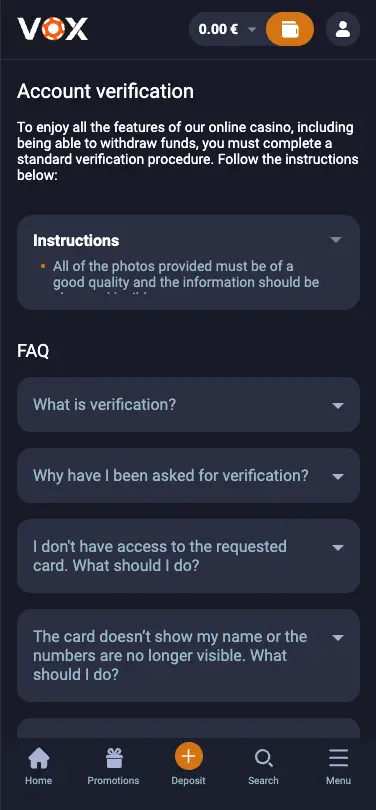 Vox Casino Mobile Account Verification