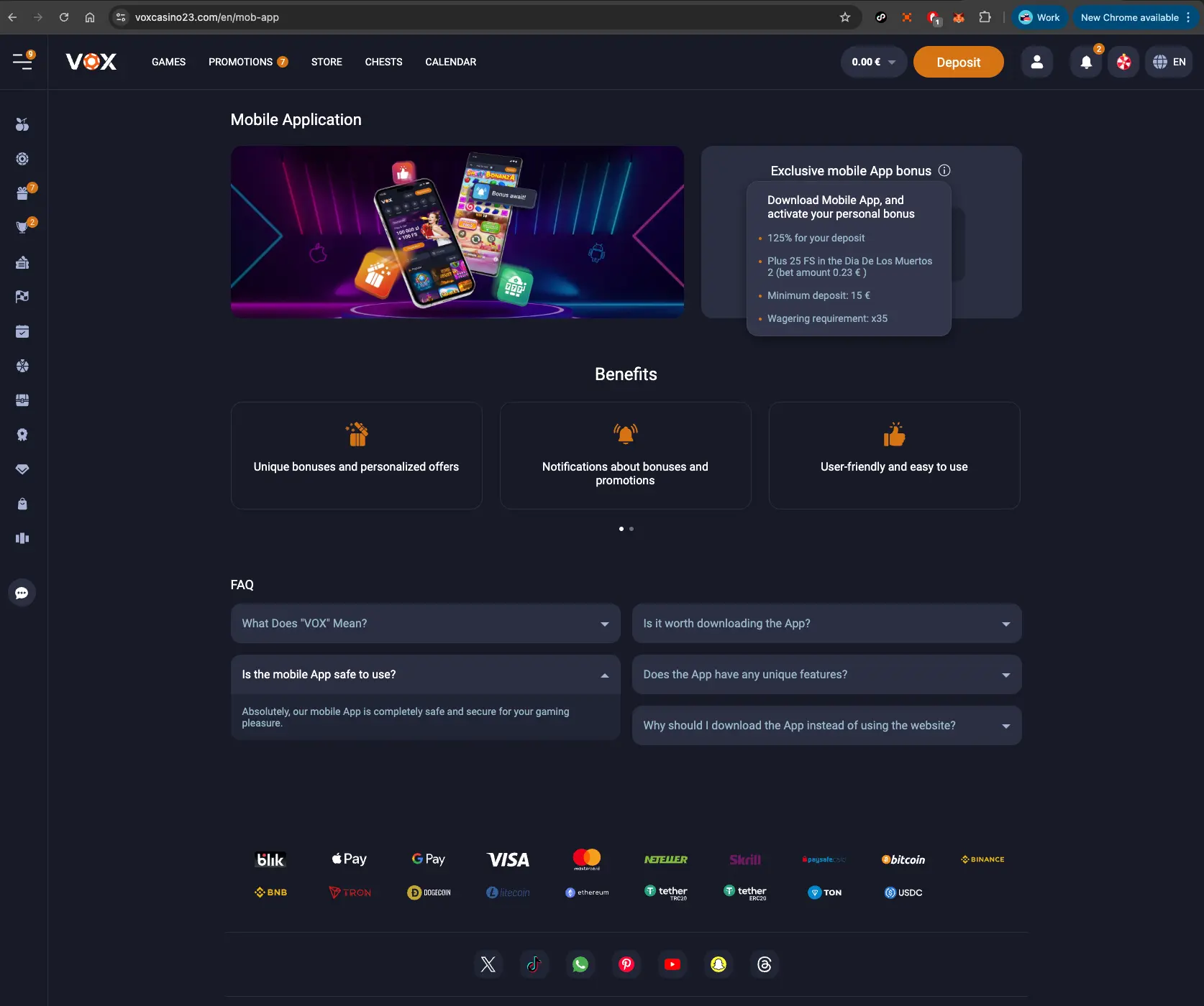 Vox Casino Mobile Application Page