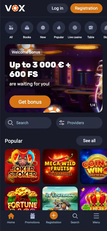 Vox Casino Mobile Homepage