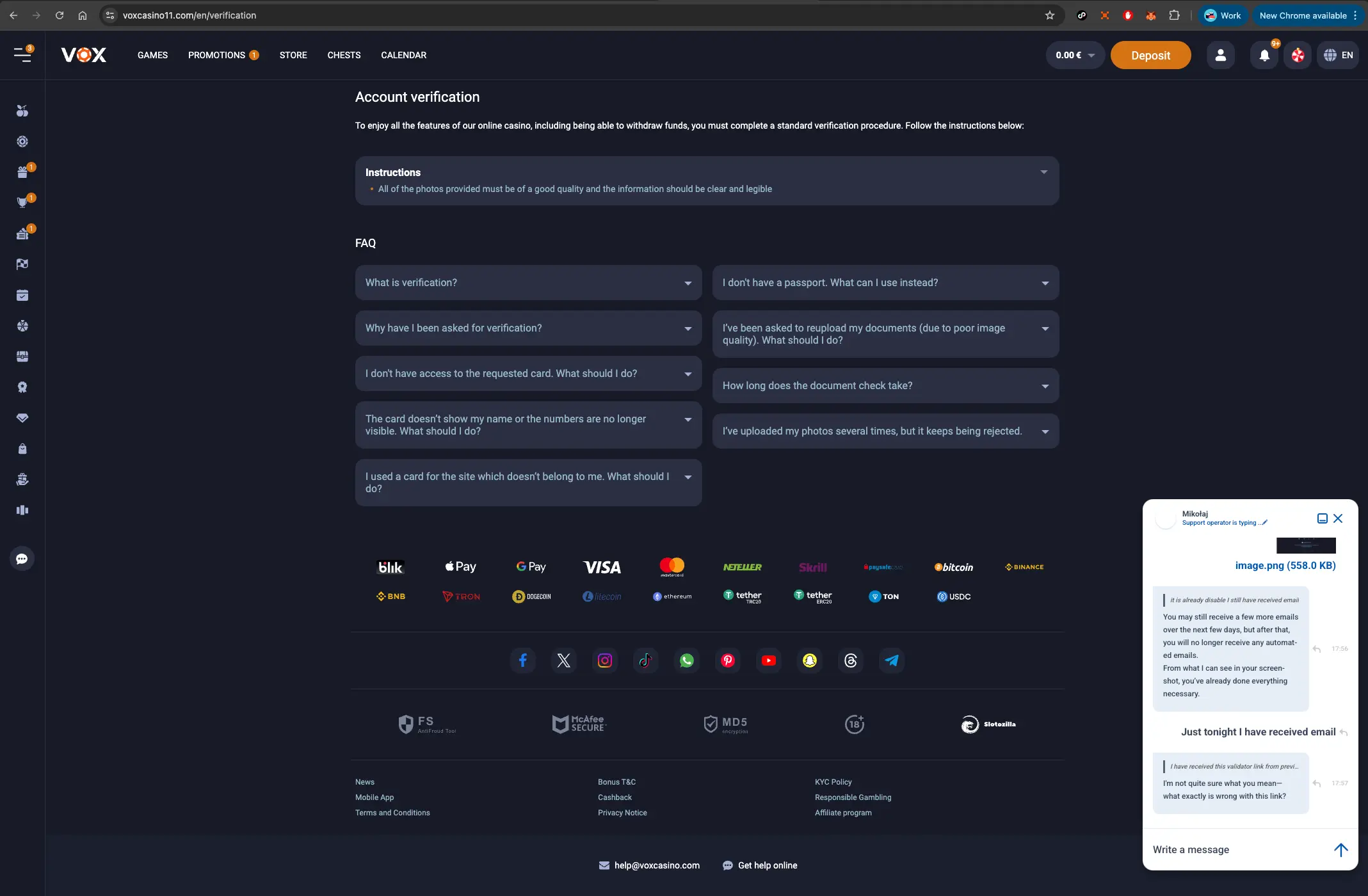 Vox Casino Notification Chat