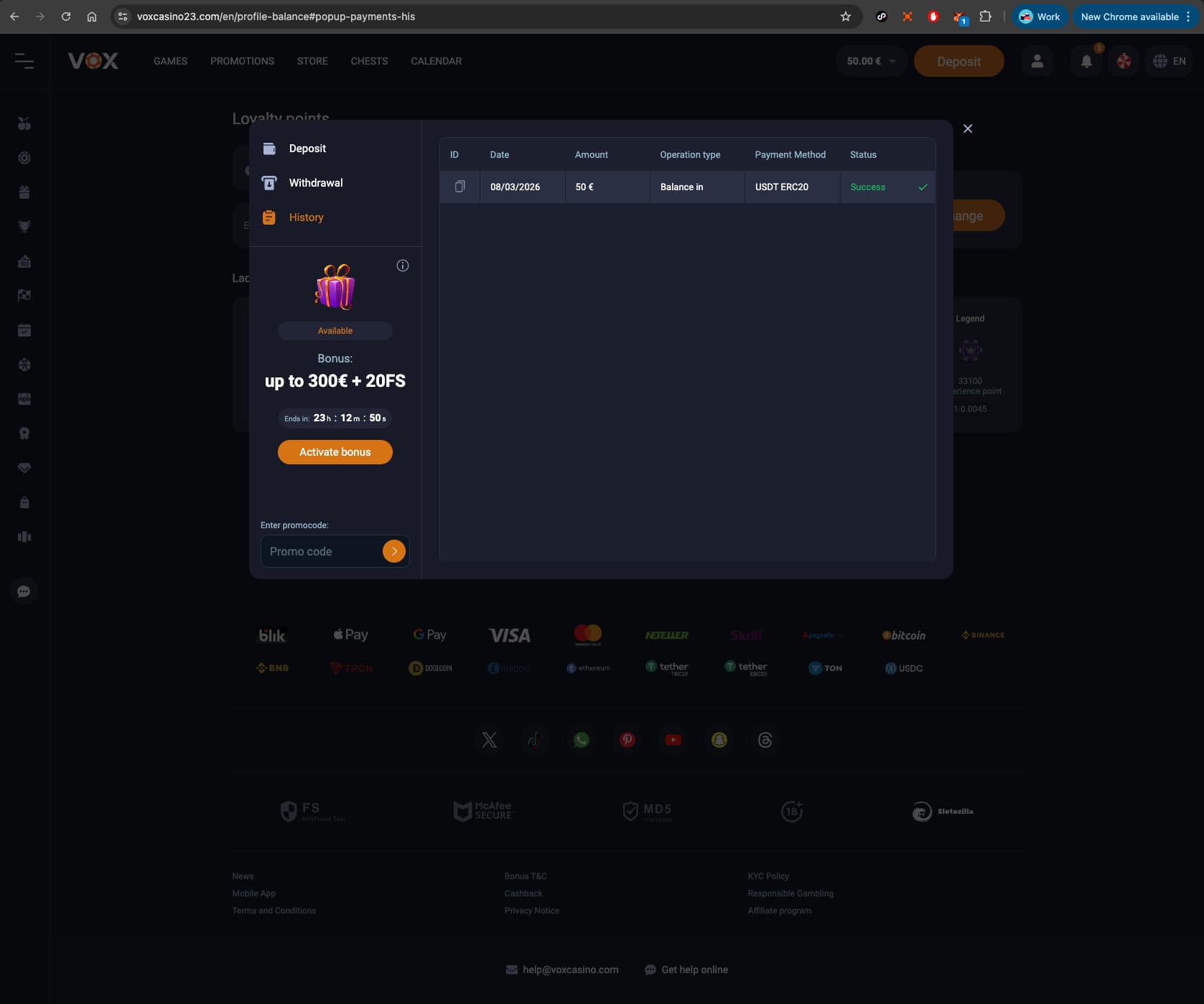 Vox Casino Payment History