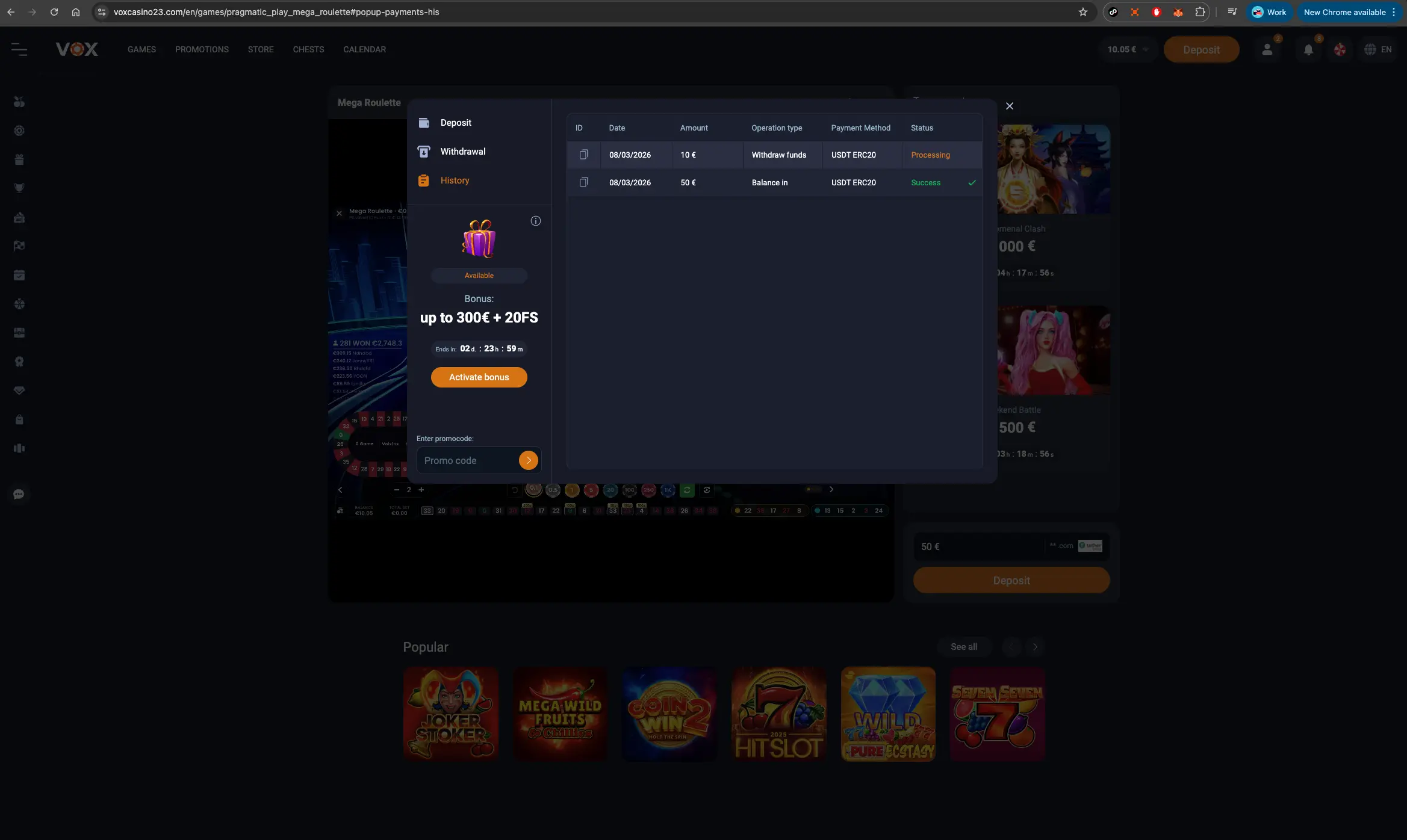 Vox Casino Withdrawal History