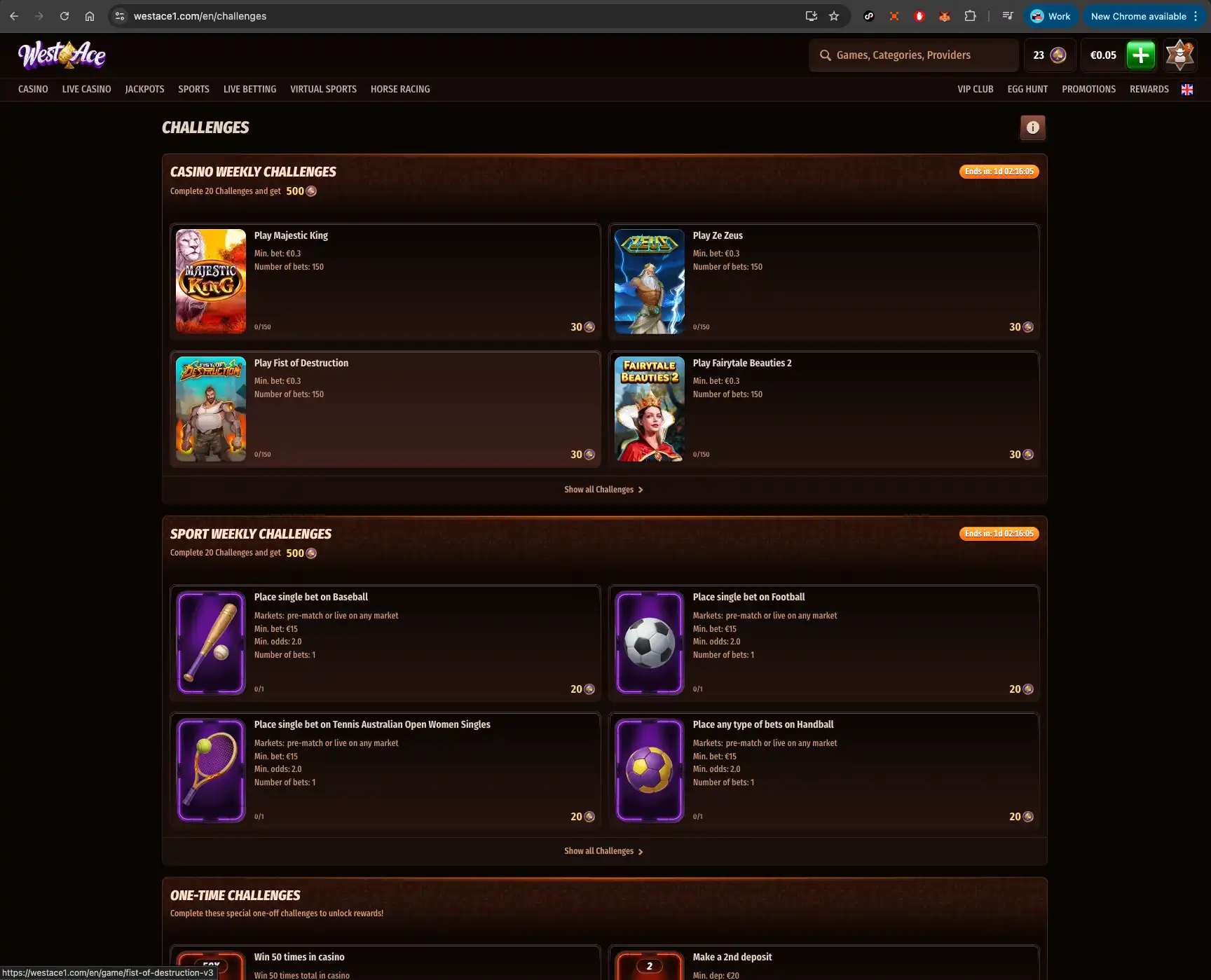 WestAce casino challenges page