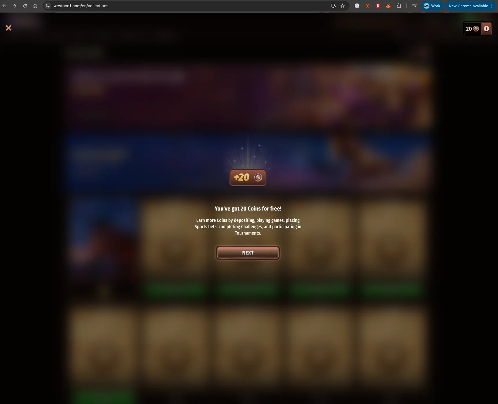WestAce casino coin reward screen