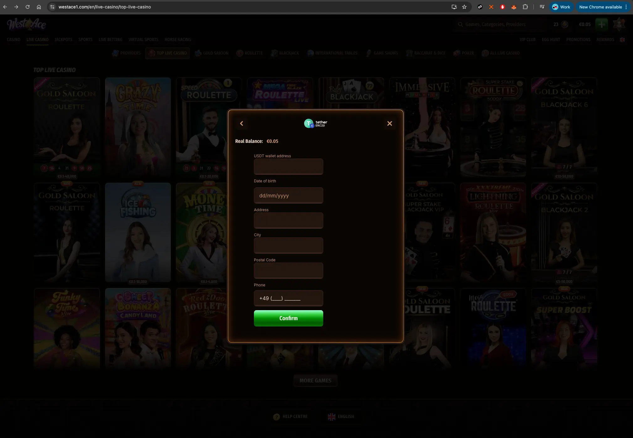 WestAce casino crypto withdrawal request screen