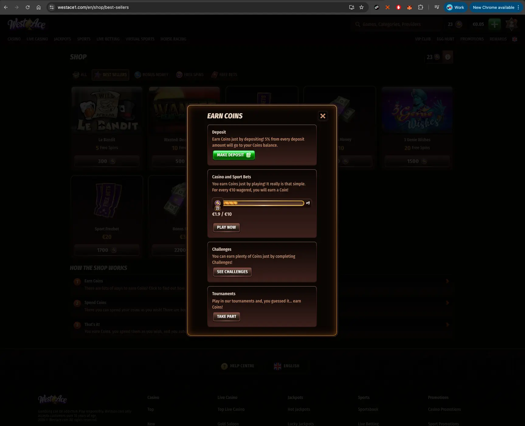 WestAce casino earn coins screen