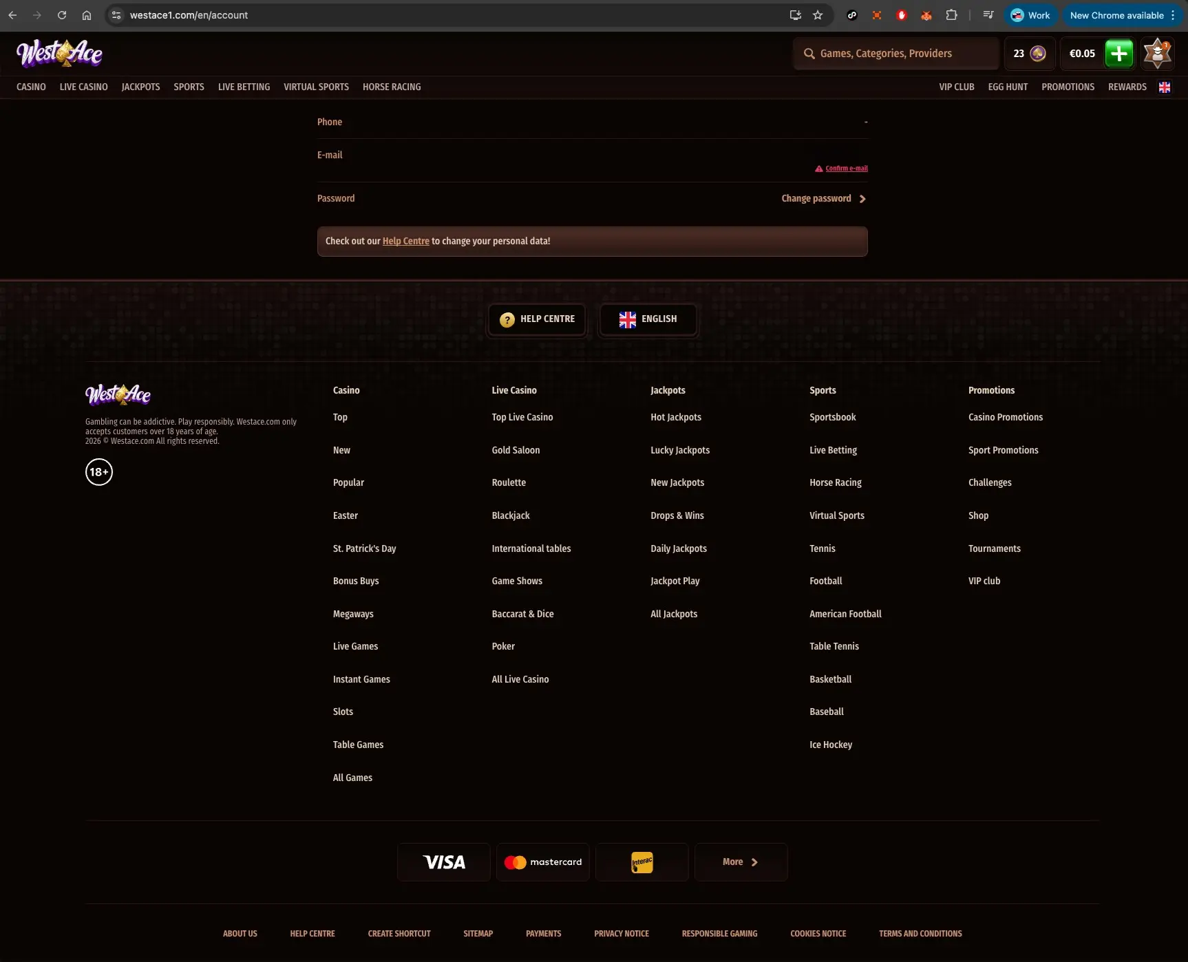 WestAce casino footer section