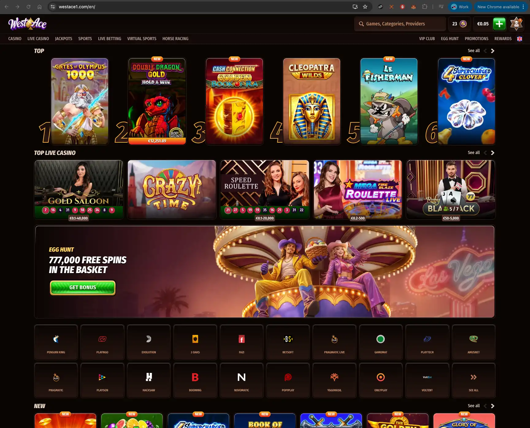 WestAce casino homepage screen