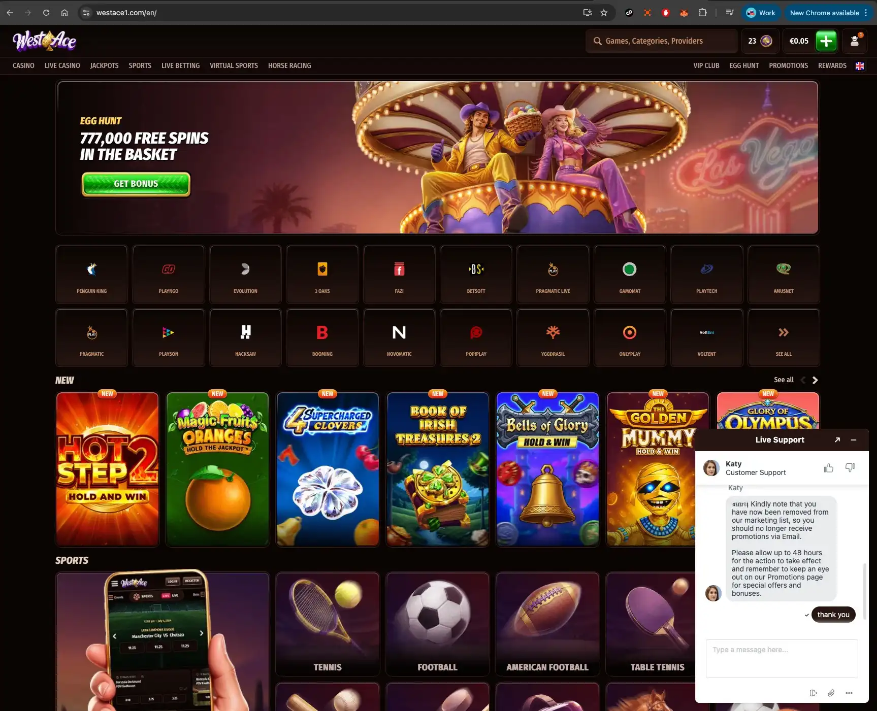 WestAce casino live chat about marketing preferences