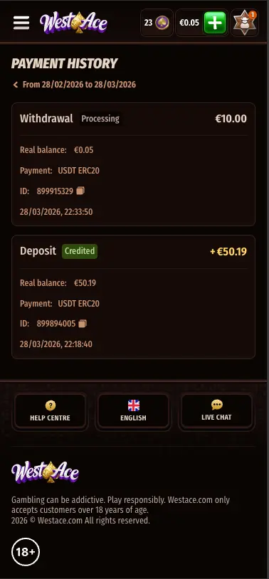 WestAce casino payment history section