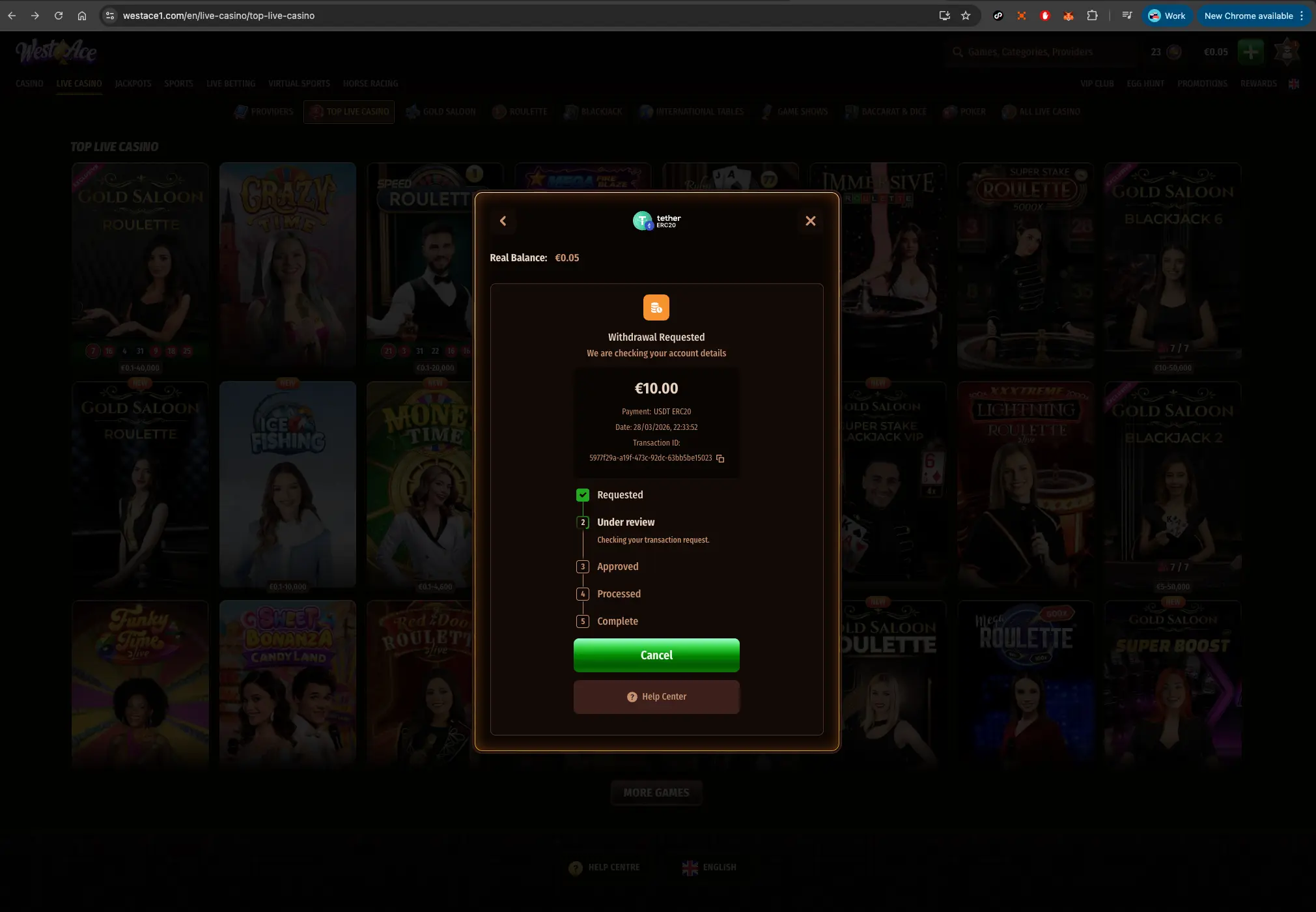 WestAce casino withdrawal request status screen