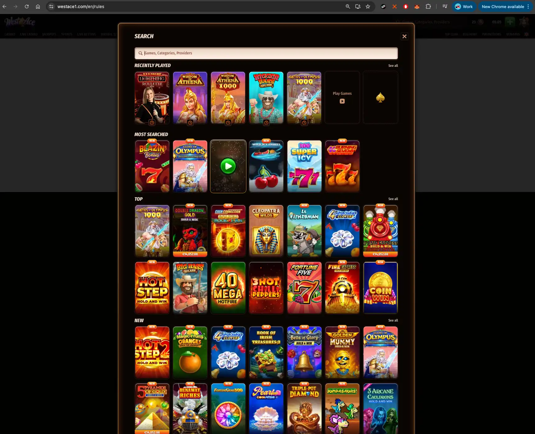 WestAce casino slot search screen