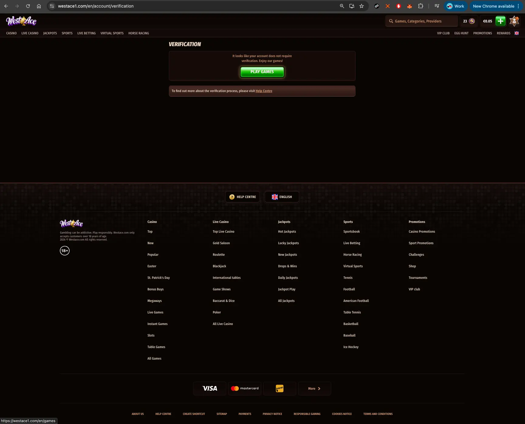 WestAce casino verification screen