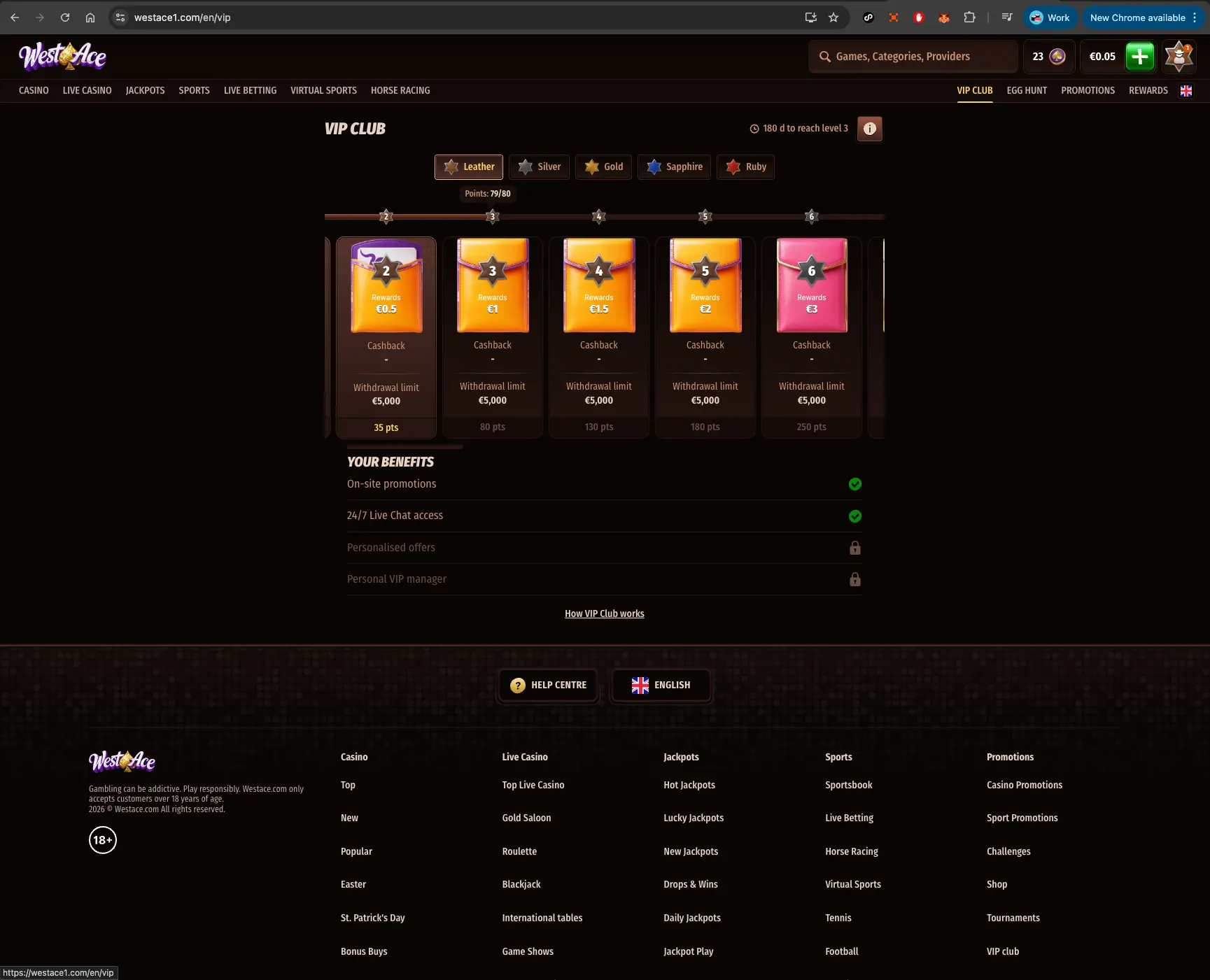 WestAce casino VIP Club page