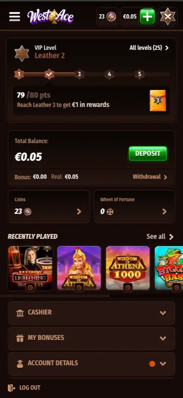 Westace casino account section