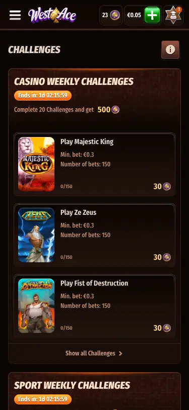 WestAce casino challenges page