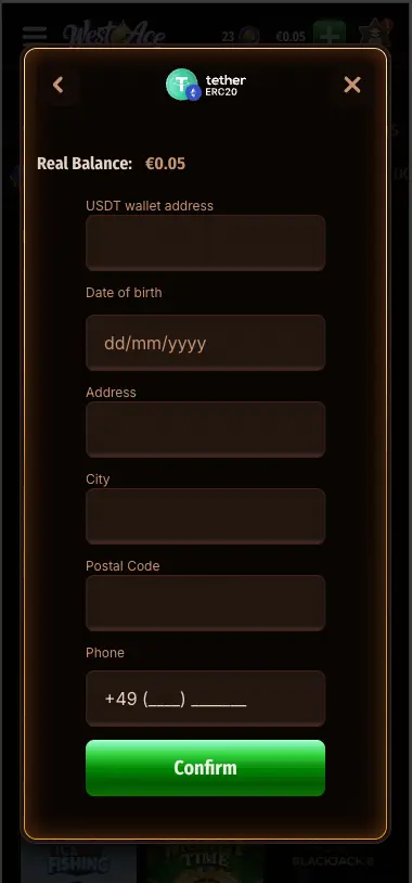 WestAce casino crypto withdrawal request screen