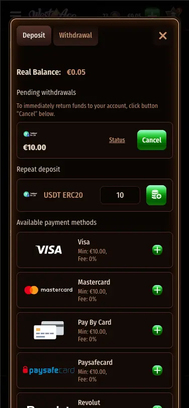 WestAce casino deposit section
