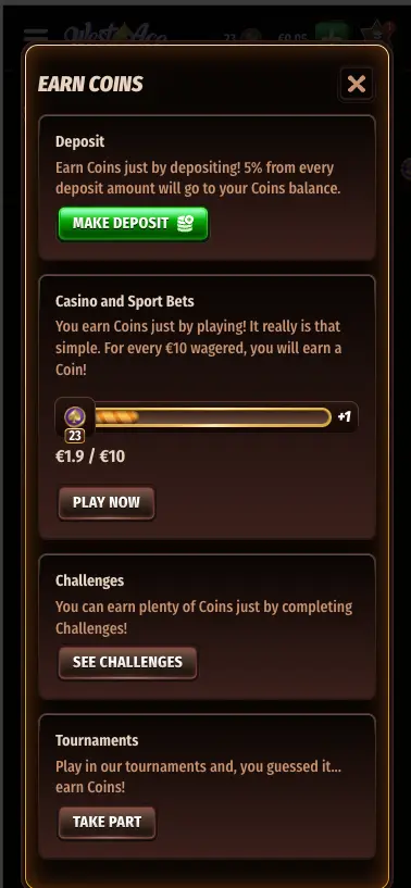 WestAce casino earn coins screen