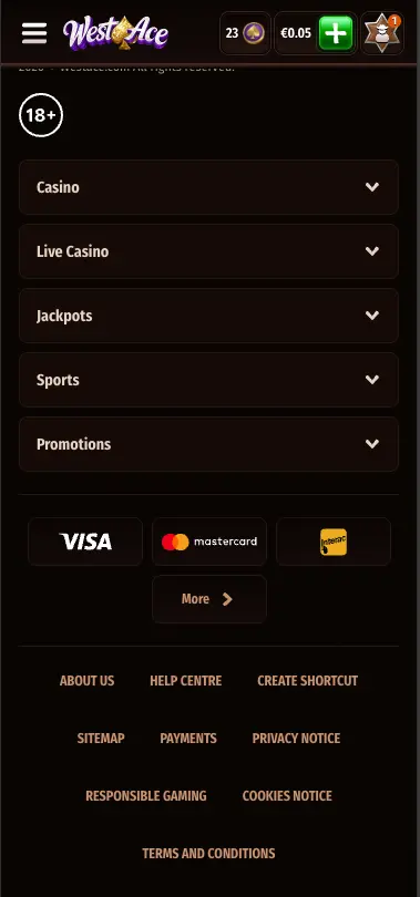 WestAce casino footer section