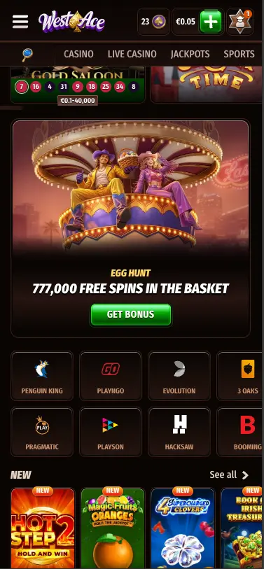 WestAce casino homepage screen