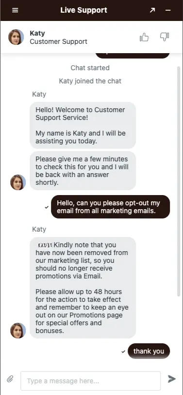 WestAce casino live chat about marketing preferences