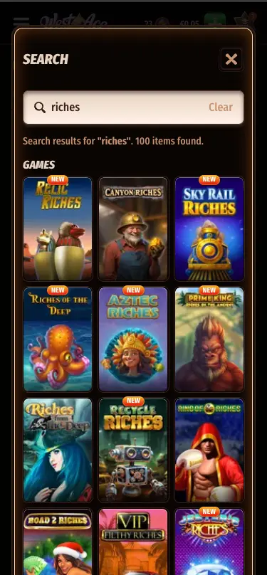 WestAce casino slot search section