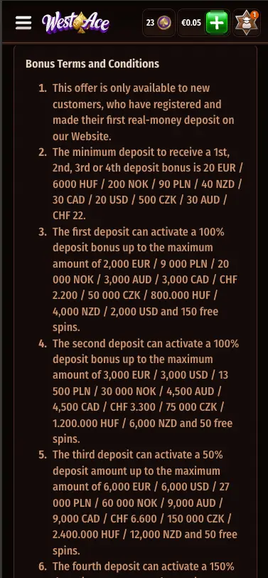 WestAce Welcome Bonus terms section
