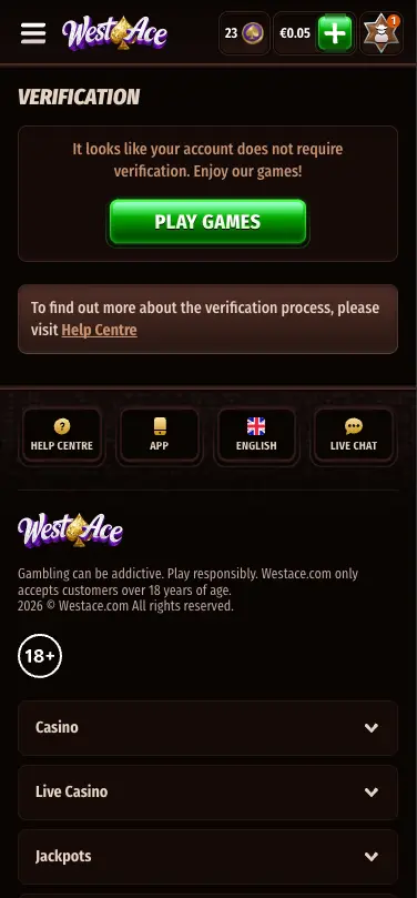 WestAce casino verification screen
