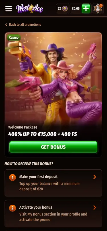 WestAce casino welcome bonus page