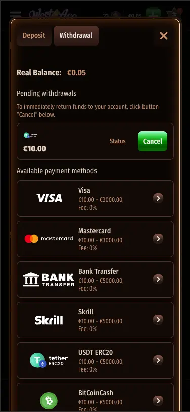 WestAce casino withdrawal section