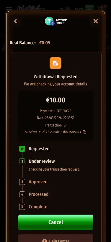 WestAce casino withdrawal request status screen