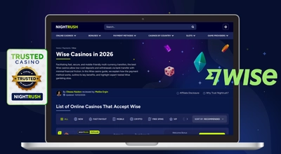 A phone screen shows Wise as a top-rated payment method for online casinos on a purple background.