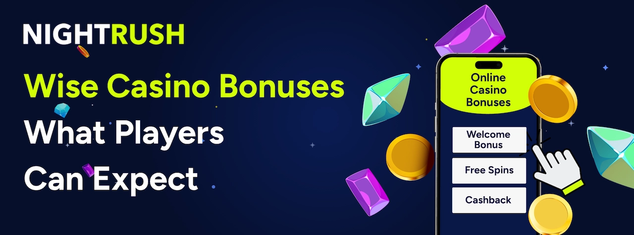 Nightrush banner titled Wise Casino Bonuses: What Players Can Expect.