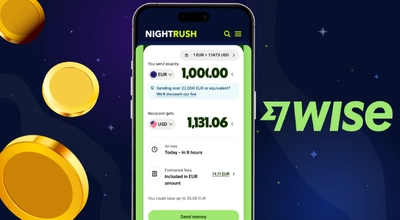 A smartphone app screen shows a Wise transfer interface calculating a currency exchange.