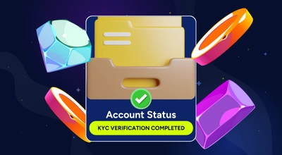 A file folder graphic indicates Account Status: KYC VERIFICATION COMPLETED with floating assets.