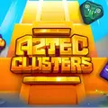 The Aztec Clusters game logo features bold golden text in front of a stylised yellow pyramid.