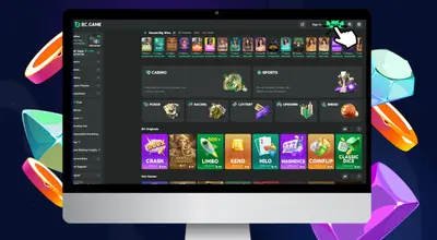 Laptop shows BC.Game casino’s homepage, cursor indicates Sign Up button.