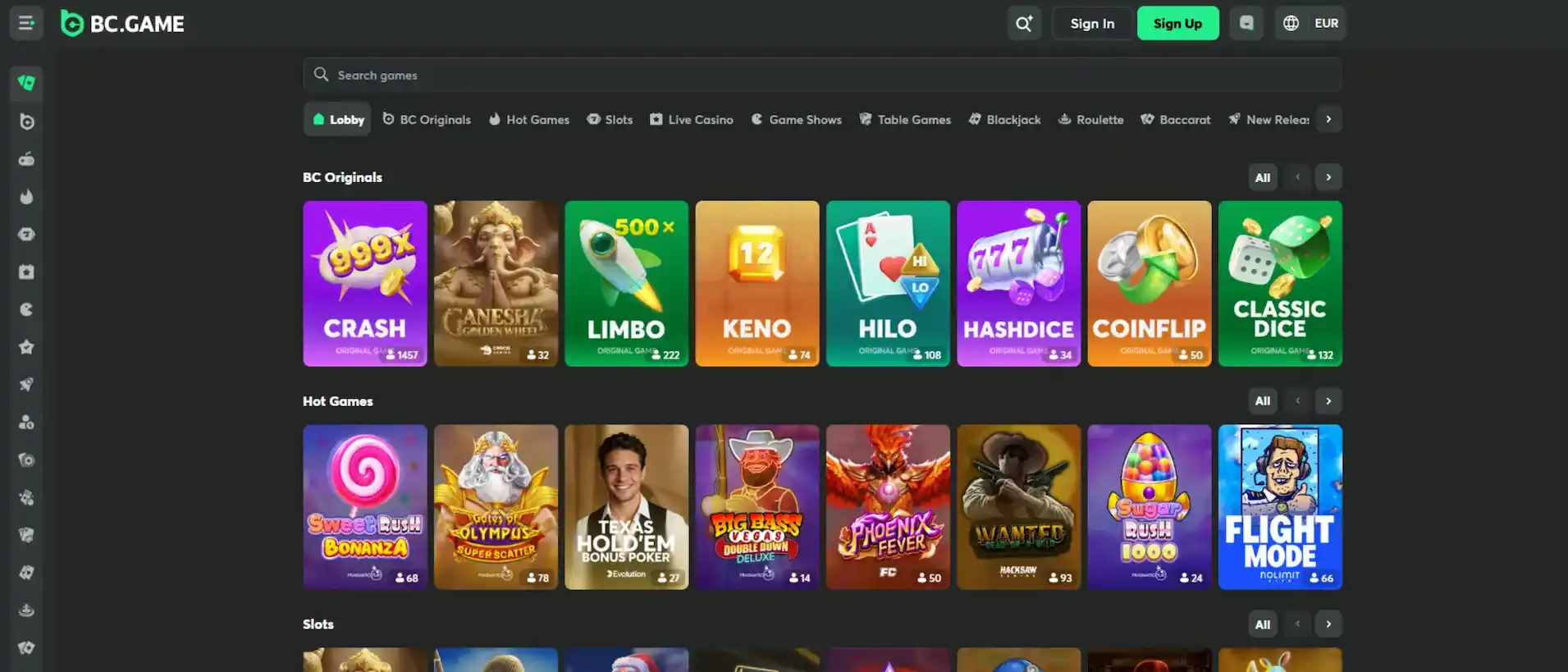 Screenshot of BC.Game’s game lobby