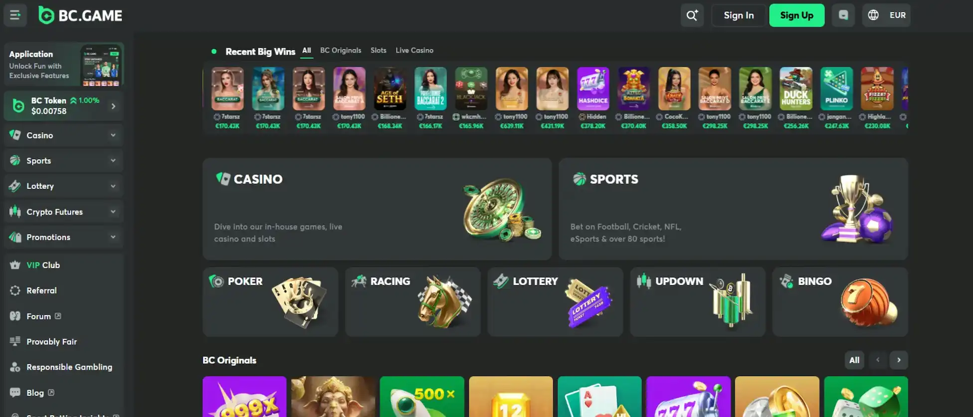 Screenshot of BC Game’s homepage