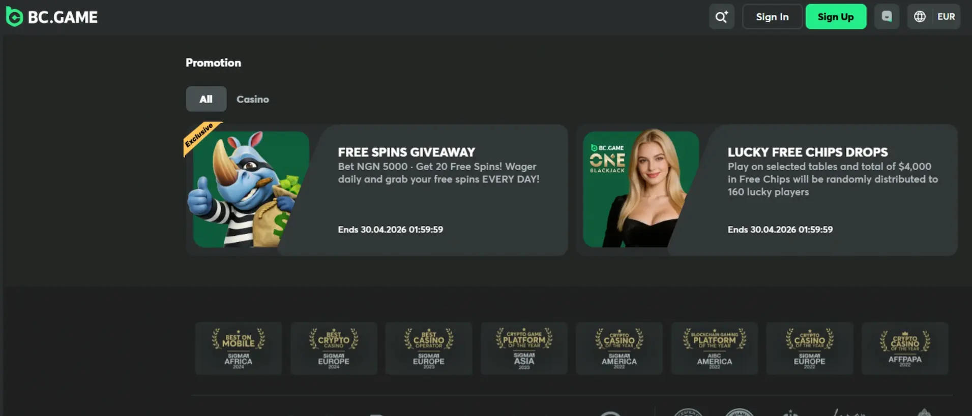 Screenshot of BC.Game promotions page