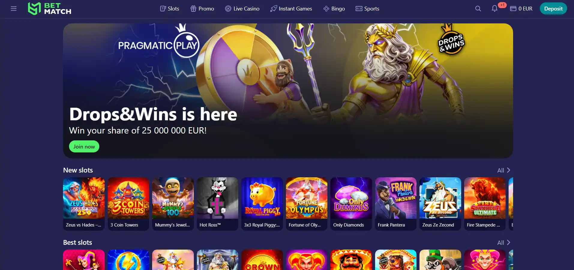 Betmatch's homepage with a drops and wins banner and filter against a blue background.