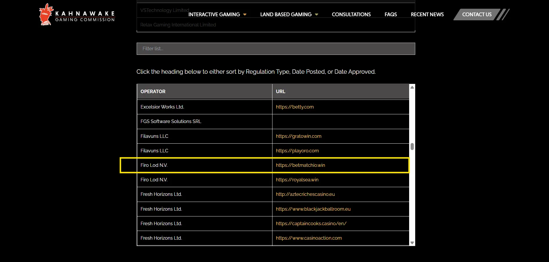 Kahnawake Gaming Commission's website showing Betmatch’s operator.