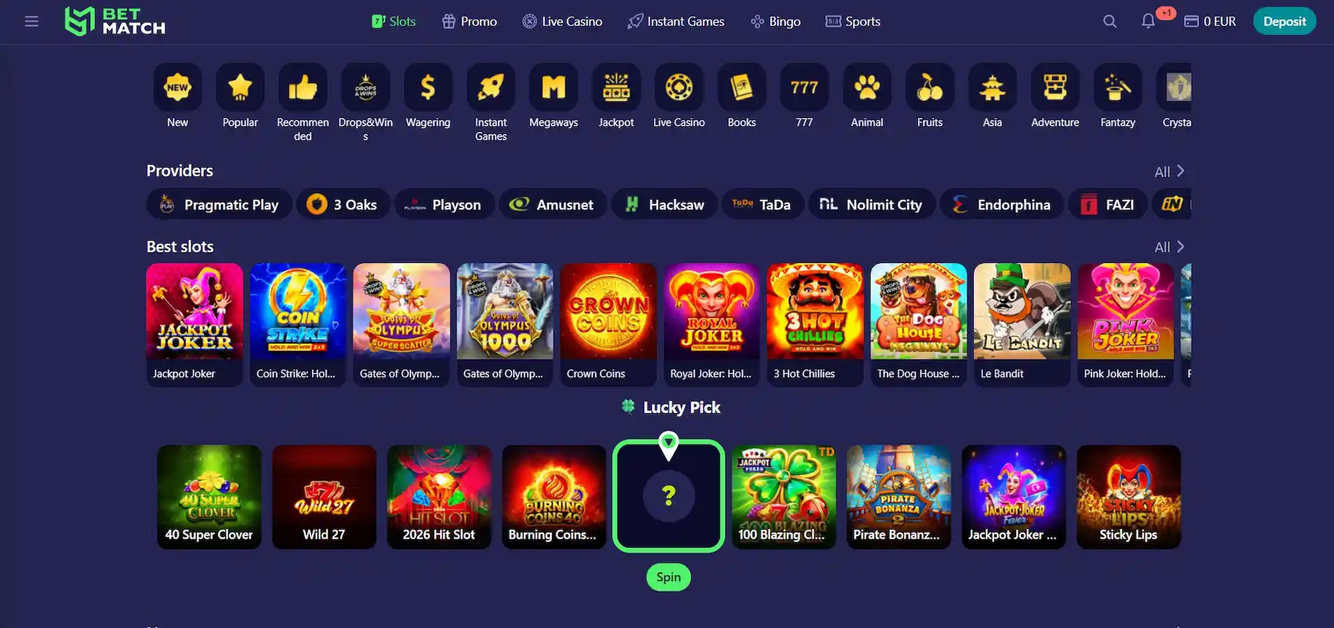Betmatch Casino's games with several categories and filters against a blue background.