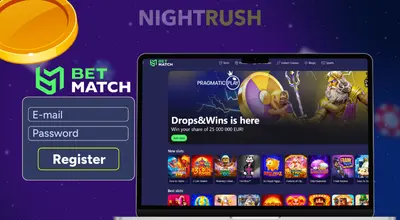 Betmatch's homepage on a laptop with a coin and a register button against a purple background.